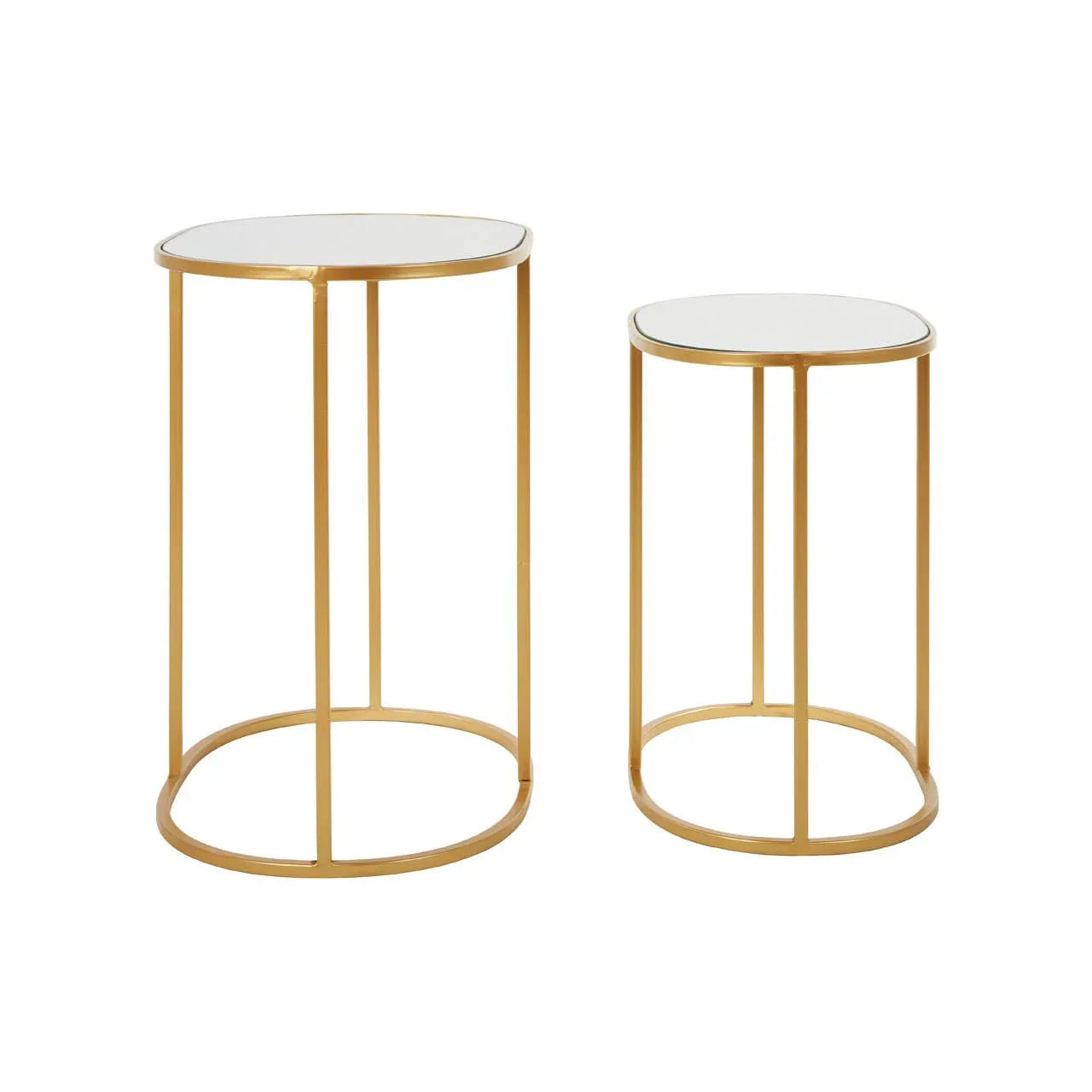 Set of two gold metal side tables with round mirrored tops on white background