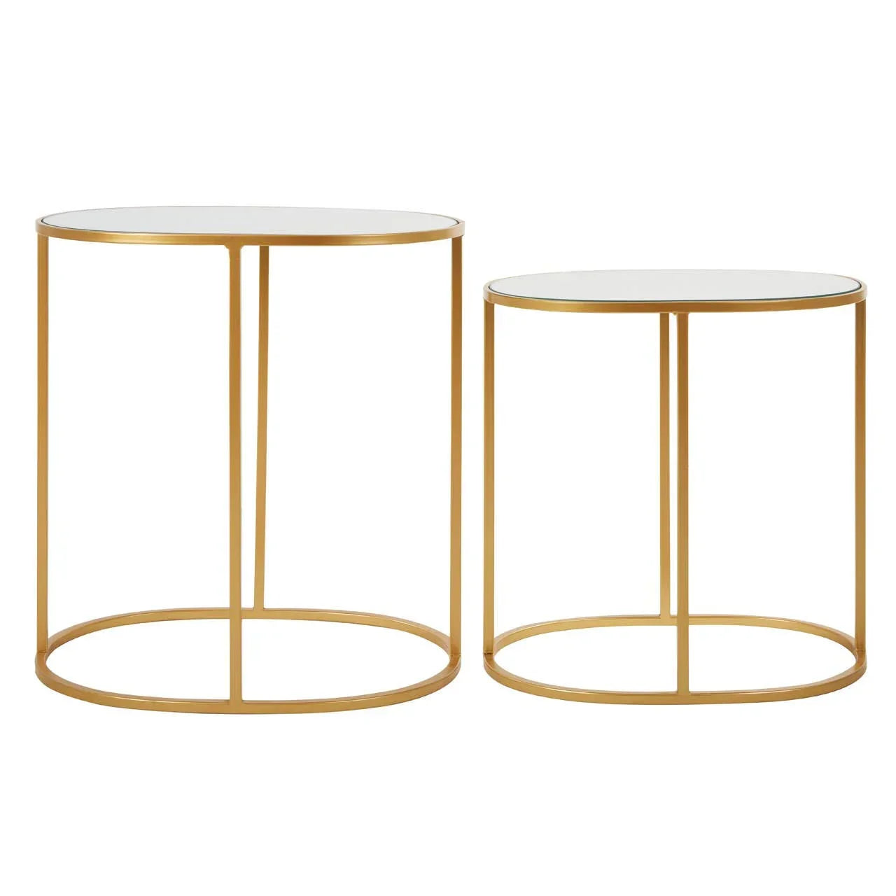 Round glass top nesting tables with gold metal frames, side by side on white background