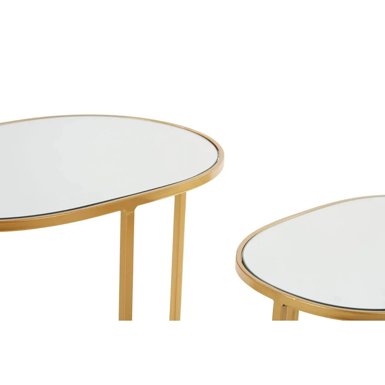 Modern gold frame side tables with white glass tops, partial close-up view