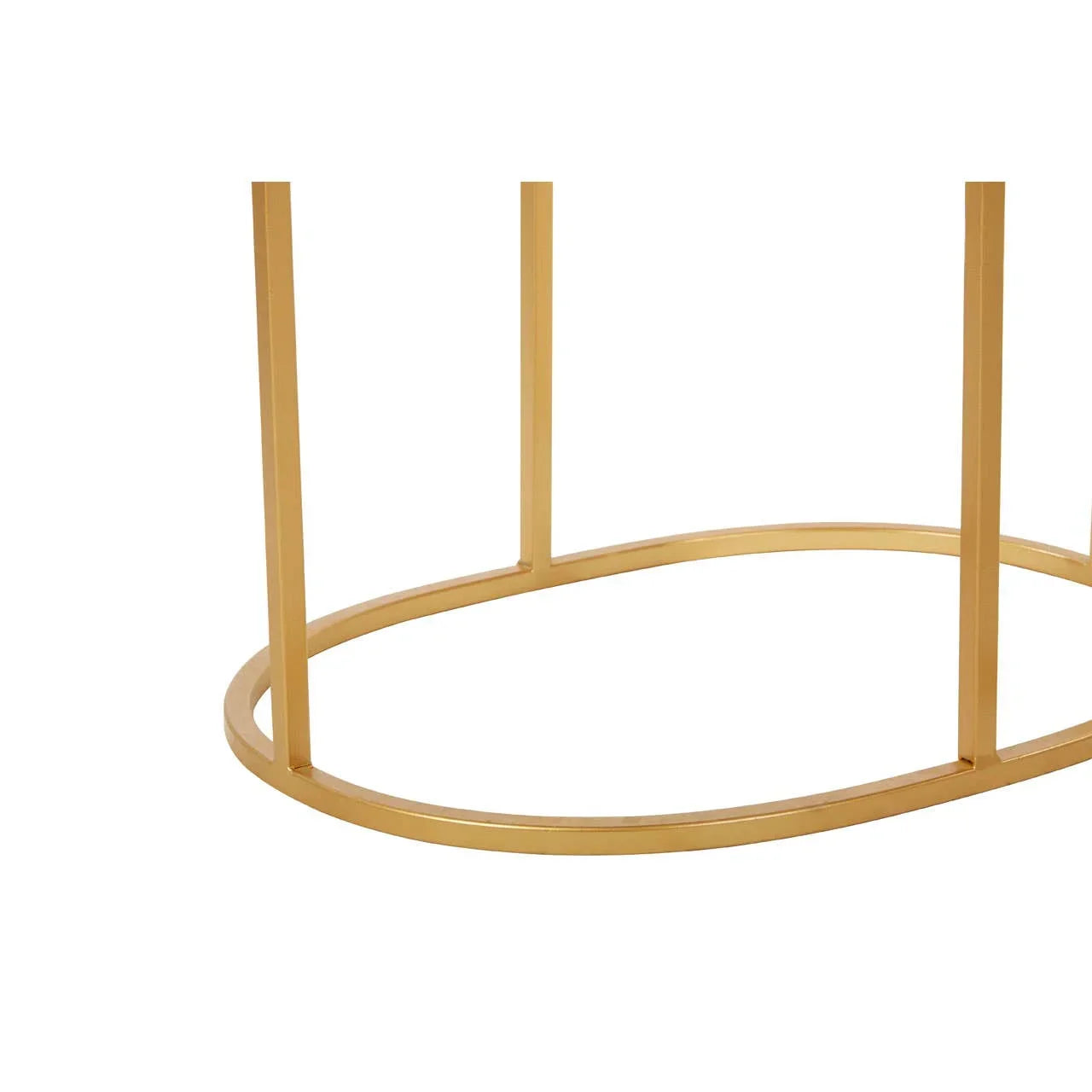 Oval gold metal coffee table base with vertical supports, close-up view