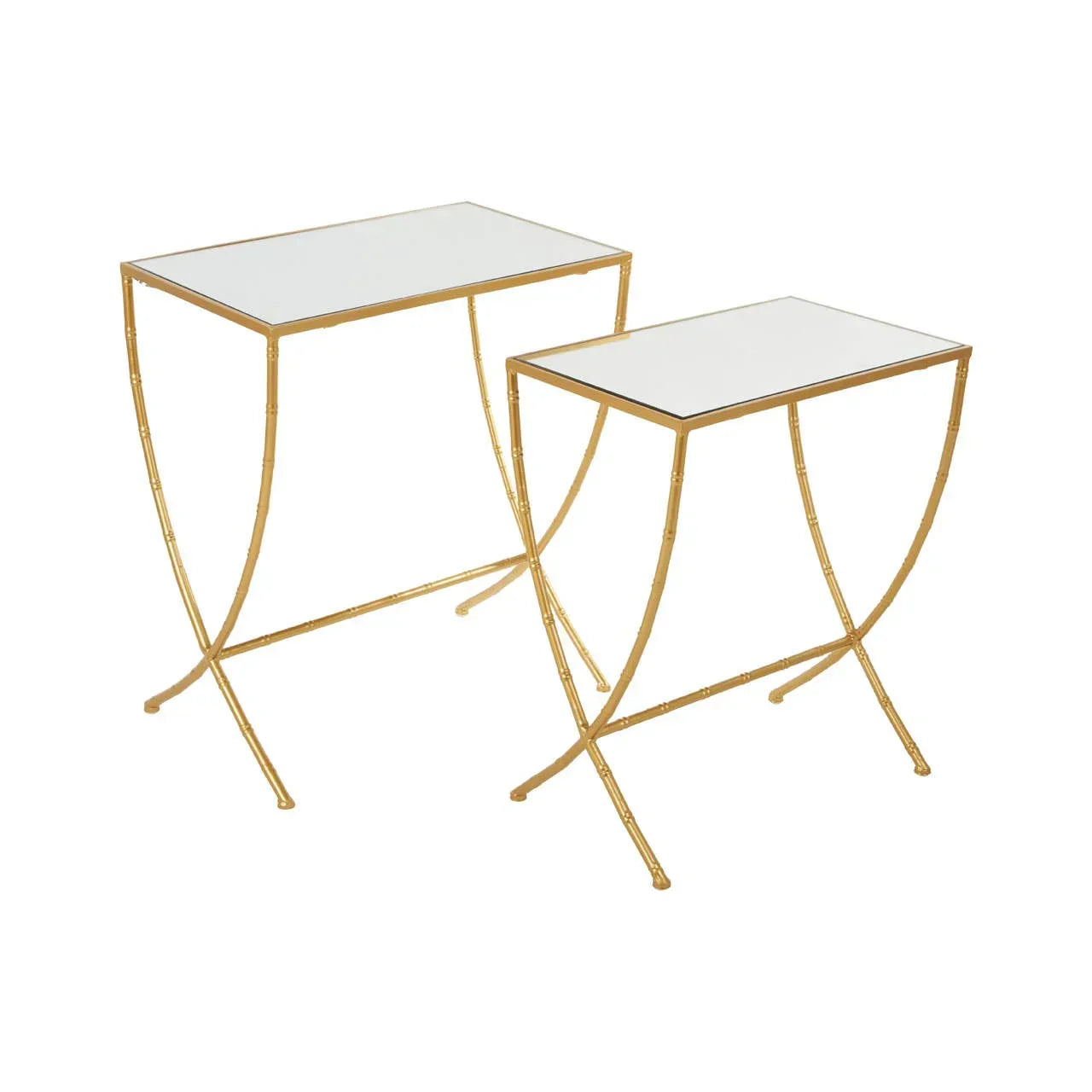 Gold metal and glass nesting tables set with rectangular tops and curved legs