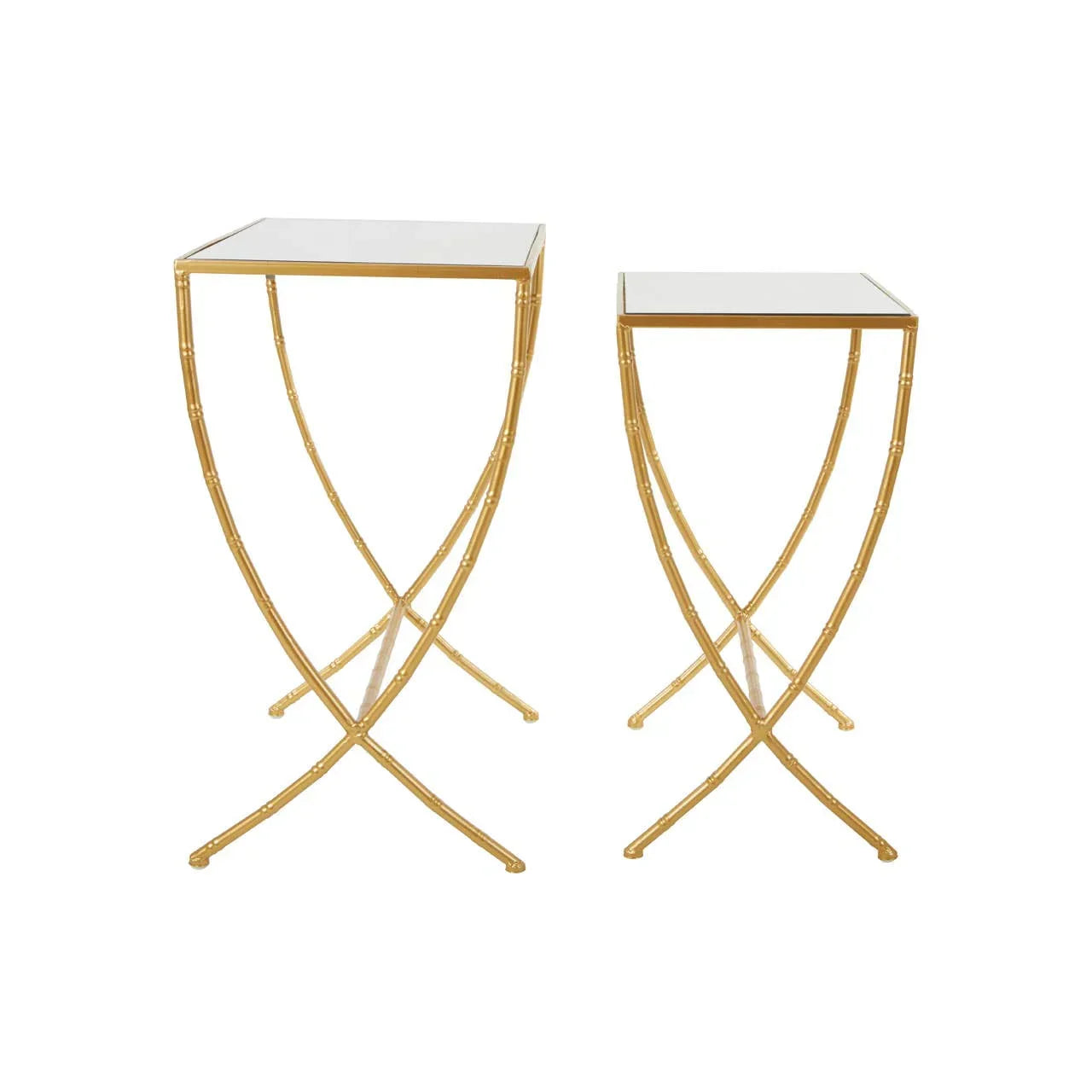 Set of two gold metal side tables with mirrored tops and crossed legs
