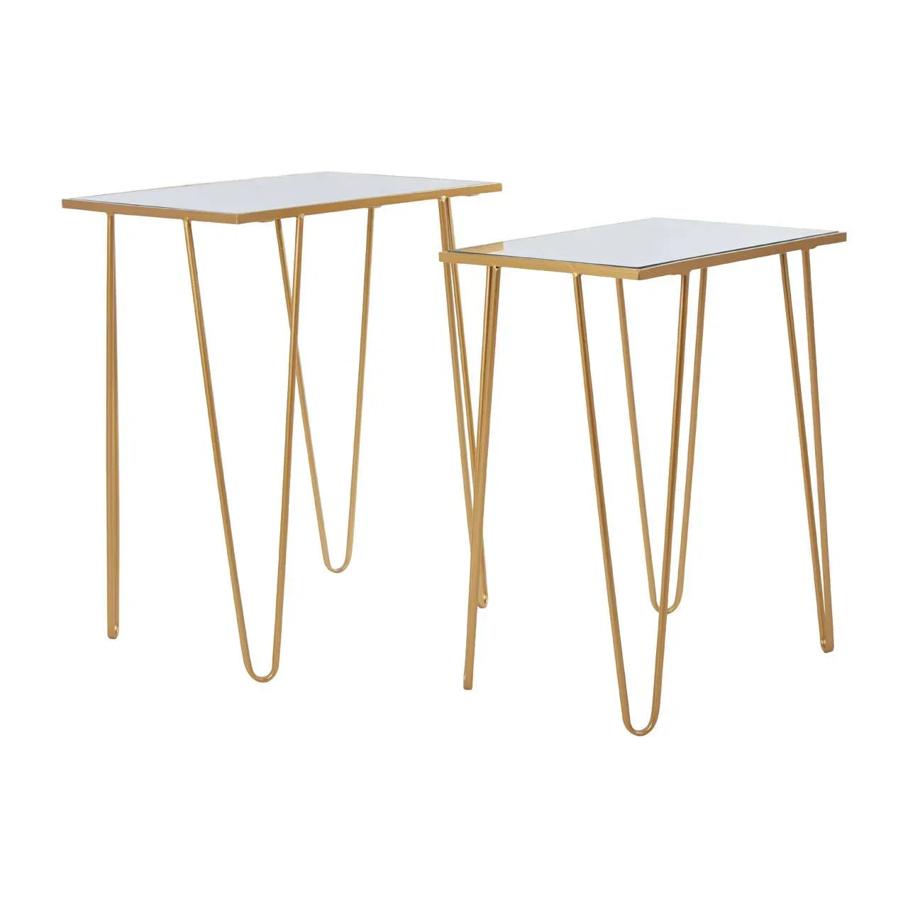 Set of two gold metal side tables with rectangular white tops and hairpin legs