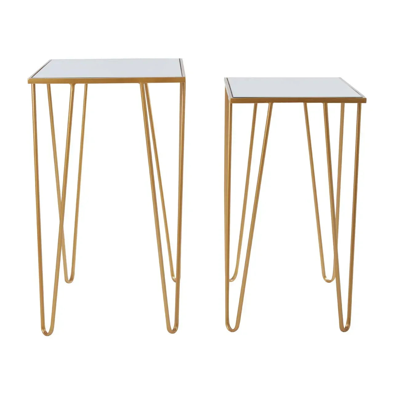 Set of two gold metal side tables with square mirrored tops and hairpin legs