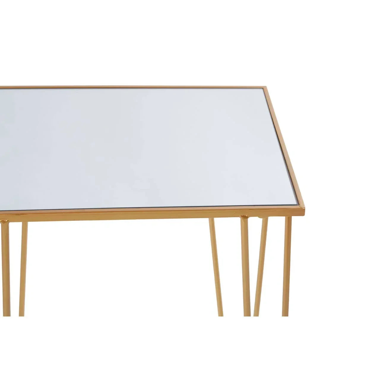 Rectangular glass top side table with gold metal frame and slim legs