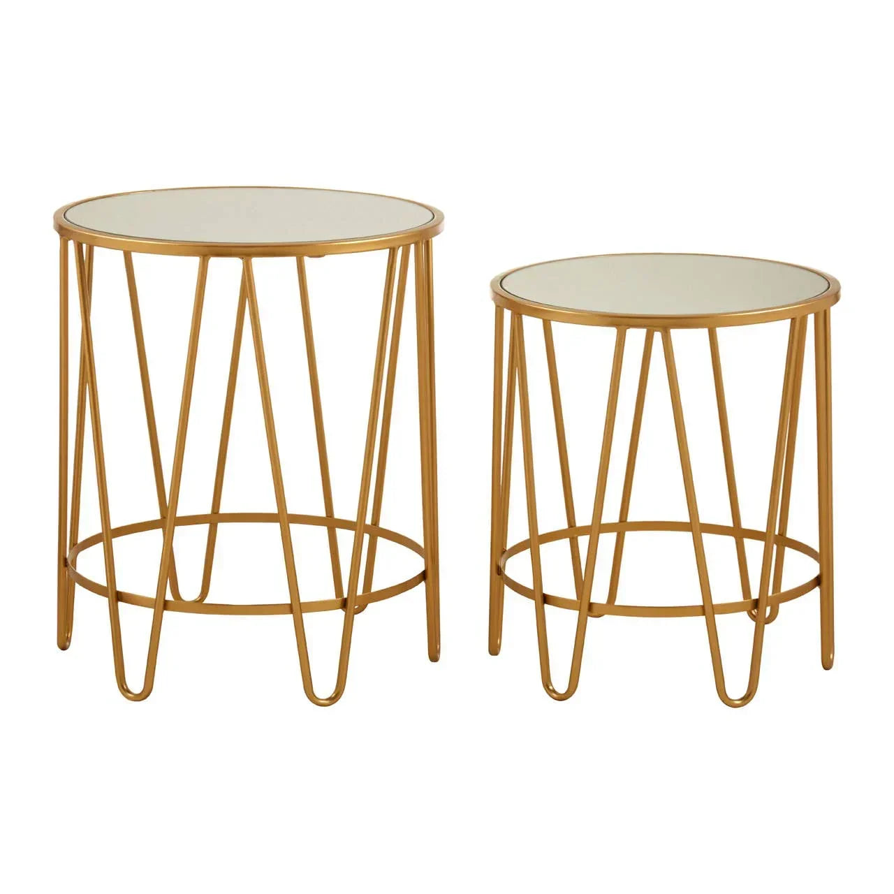 Set of two gold metal side tables with round mirrored tops and geometric bases
