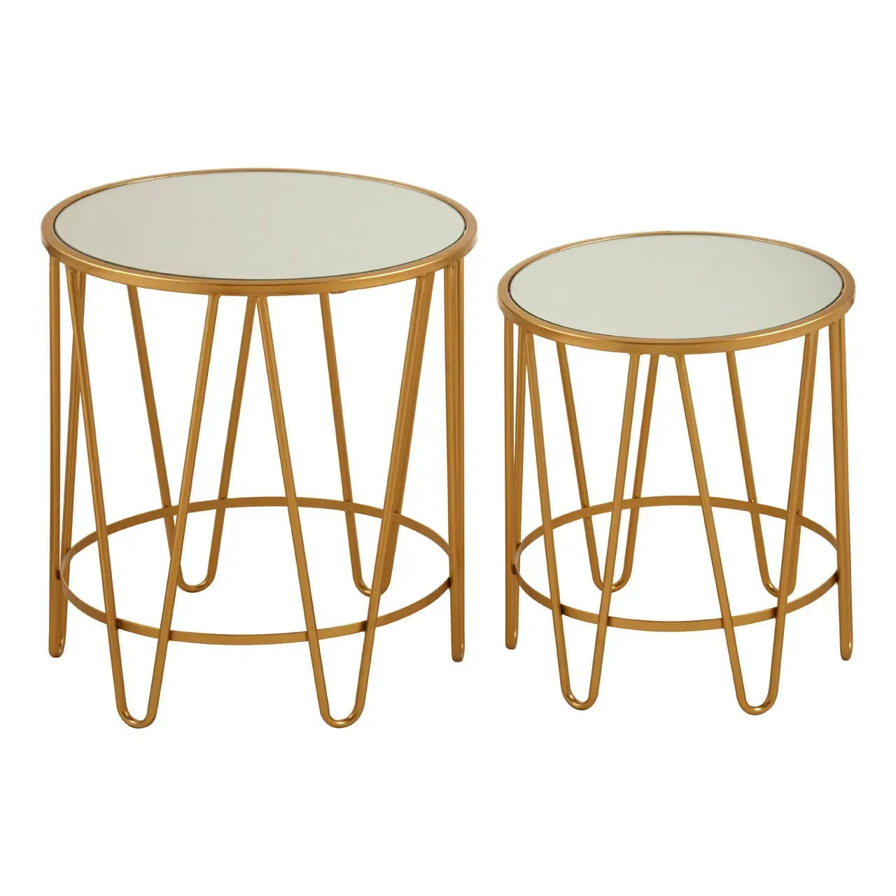 Set of two round gold metal side tables with glass tops and geometric bases