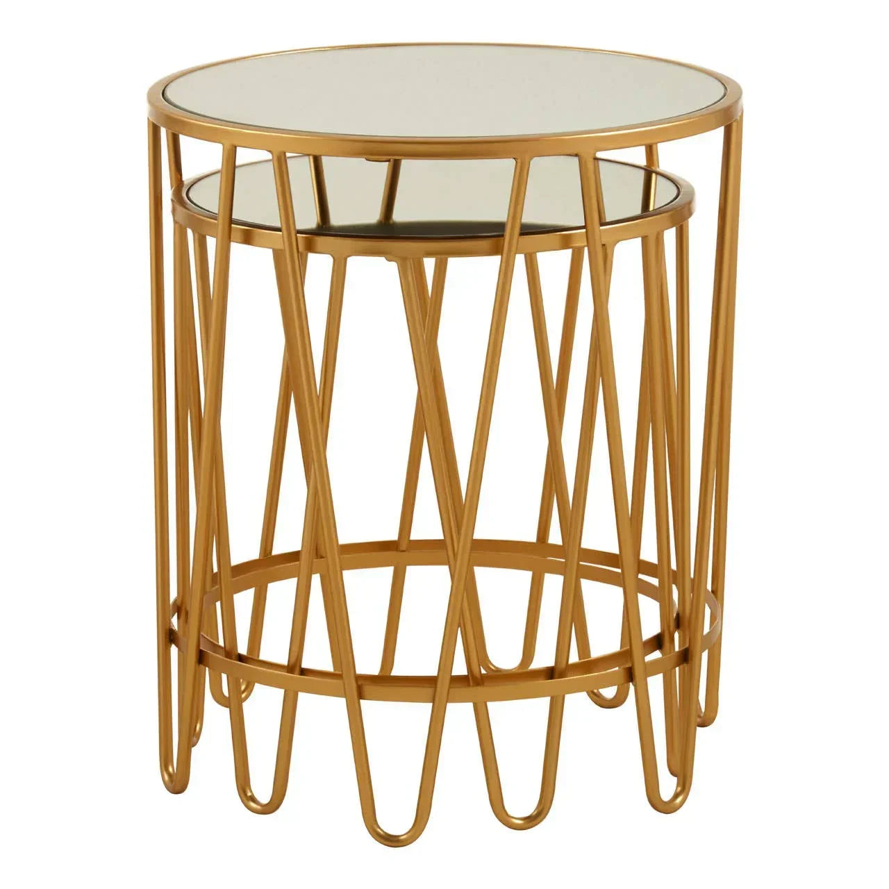Gold metal nesting side tables with round mirrored tops