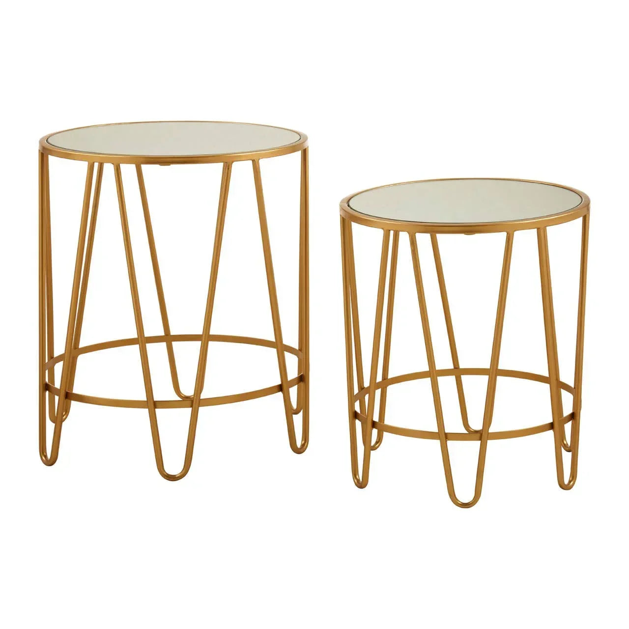 Set of two gold metal and glass nesting side tables with round tops