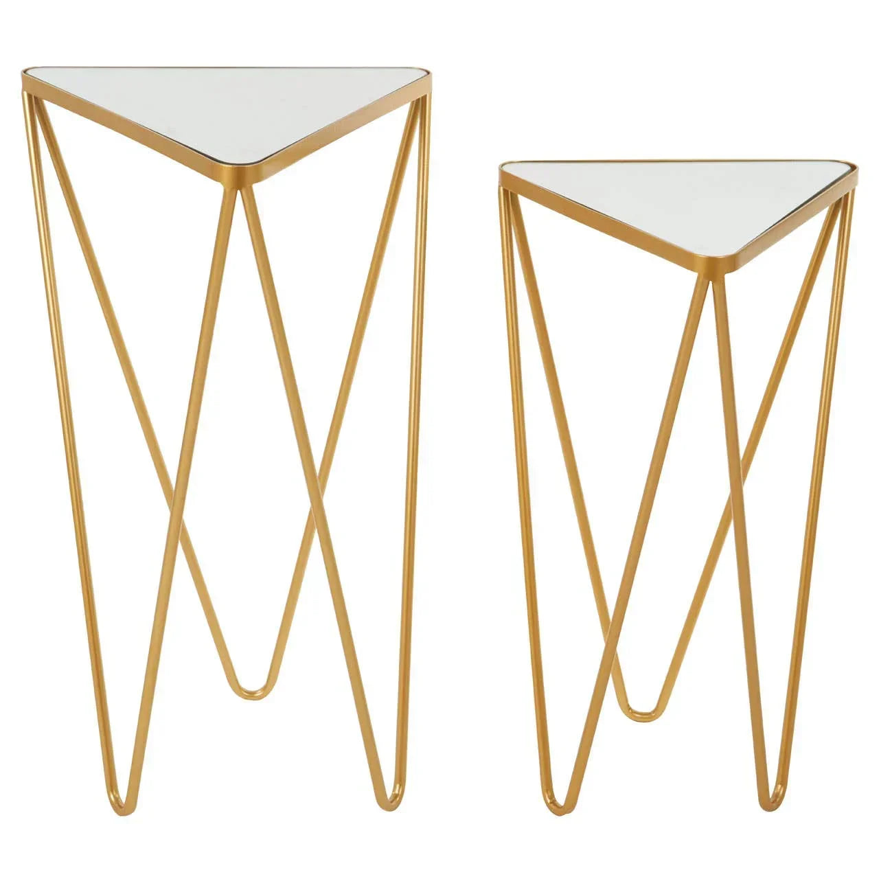 Set of two gold metal side tables with triangular mirrored tops and geometric legs