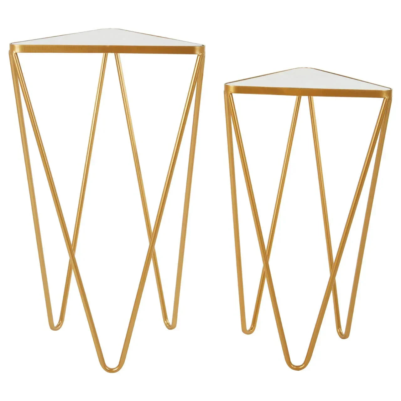 Set of two gold metal side tables with geometric frames and triangular glass tops