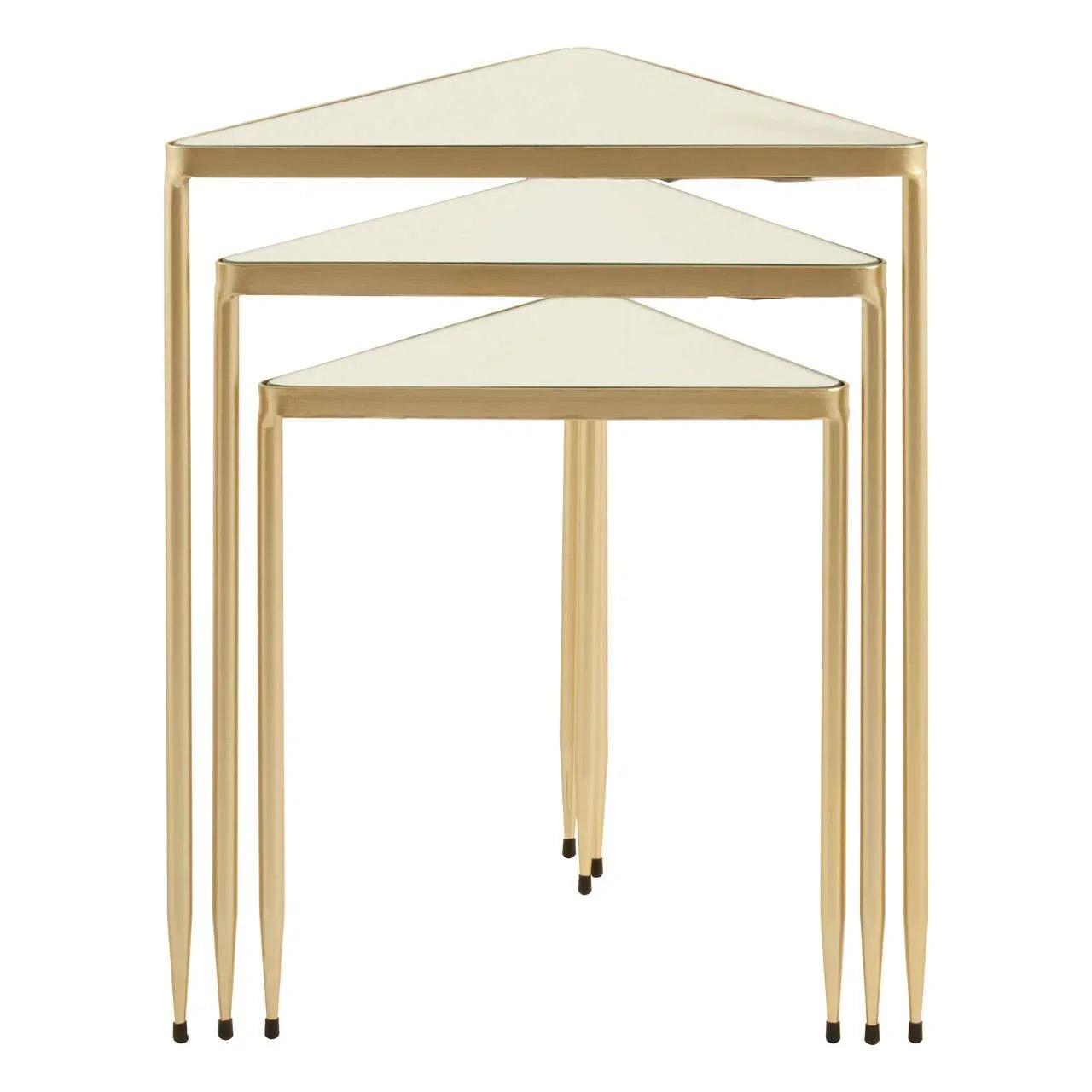 Gold metal triangular nesting tables with glass tops, set of three, front view