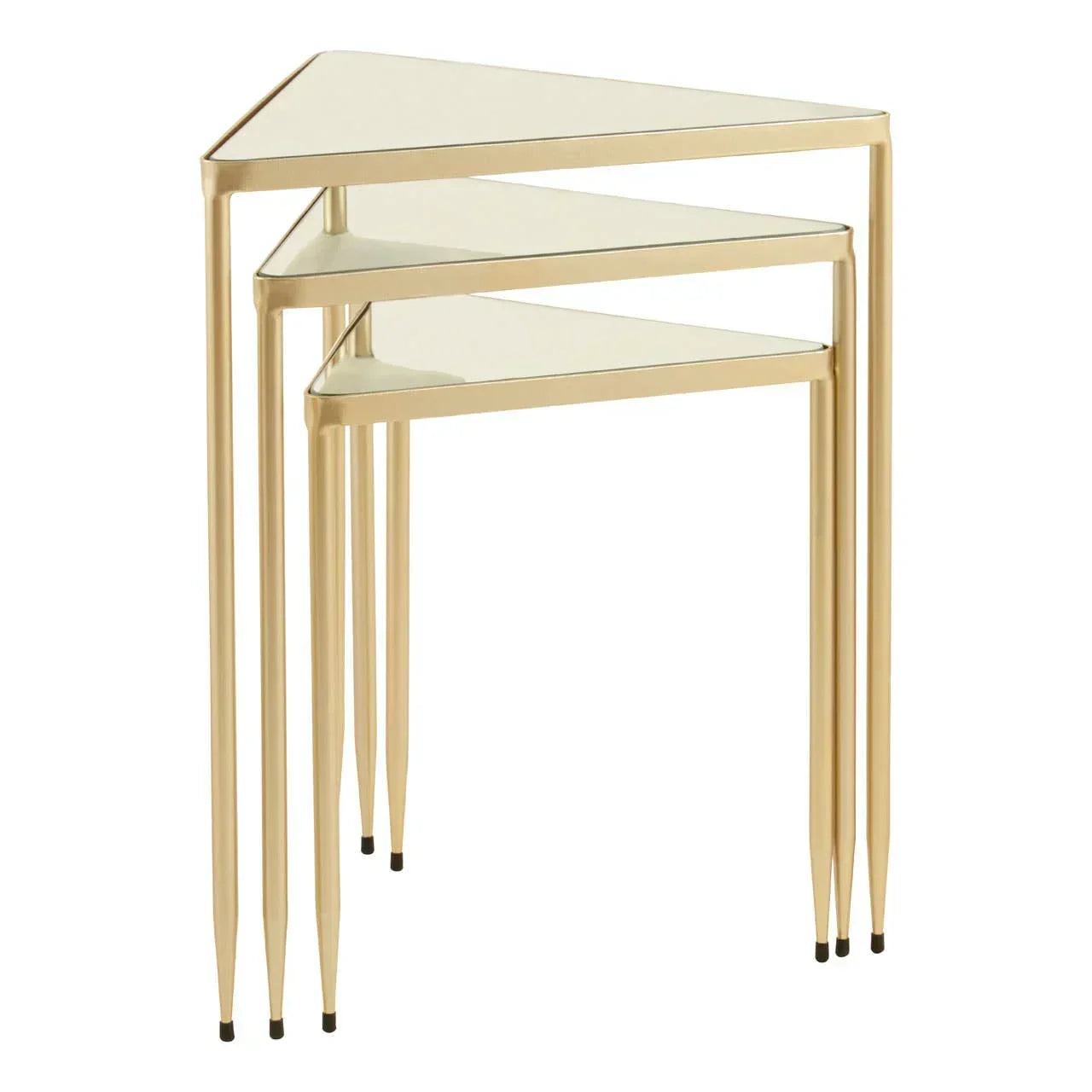 Set of three gold nesting tables with glass tops, triangular shape, stackable design
