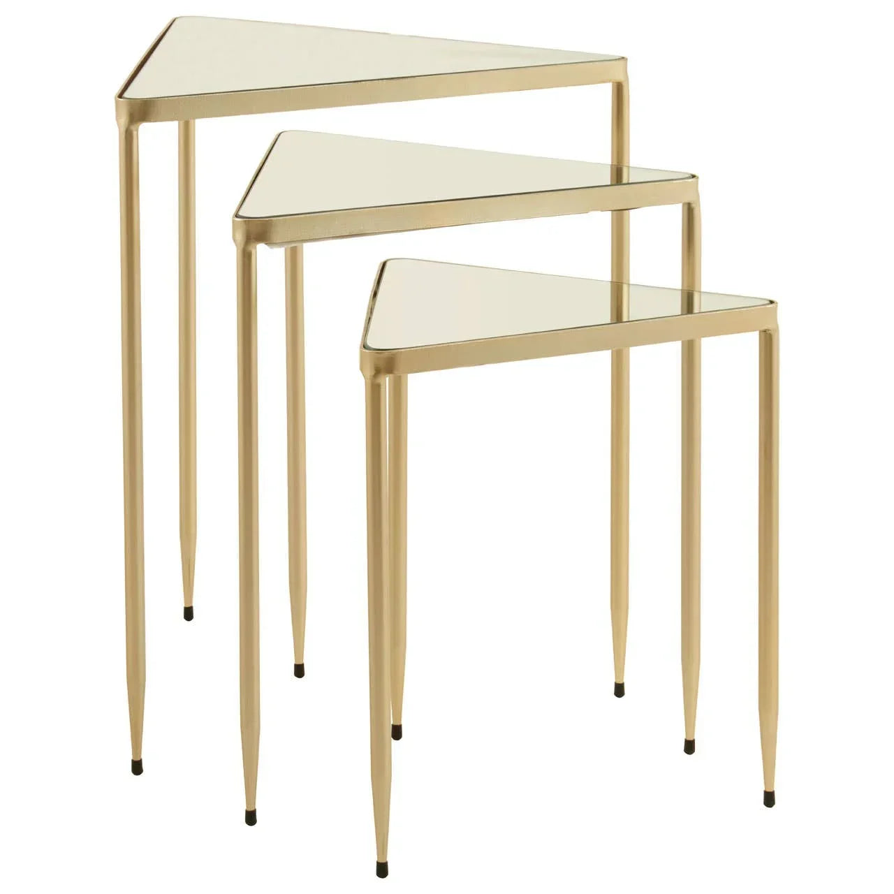 Gold metal nesting tables set of three with triangular mirrored tops