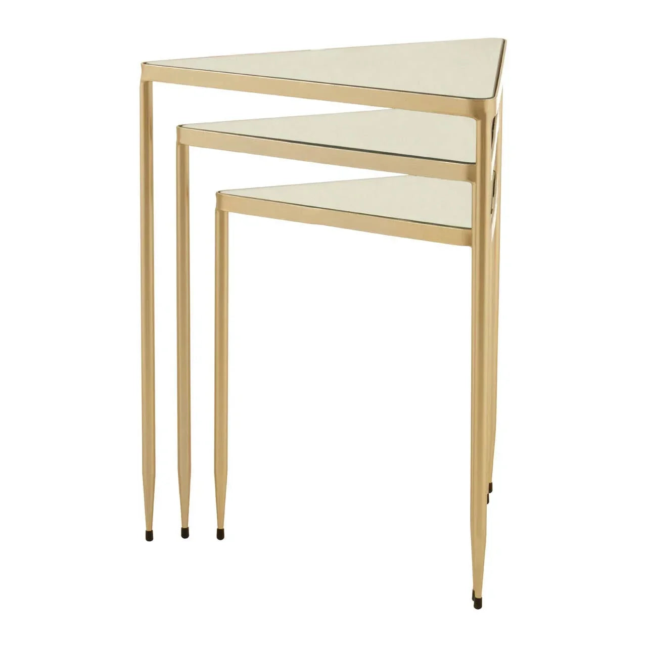 Set of two gold metal and glass nesting tables with triangular tops
