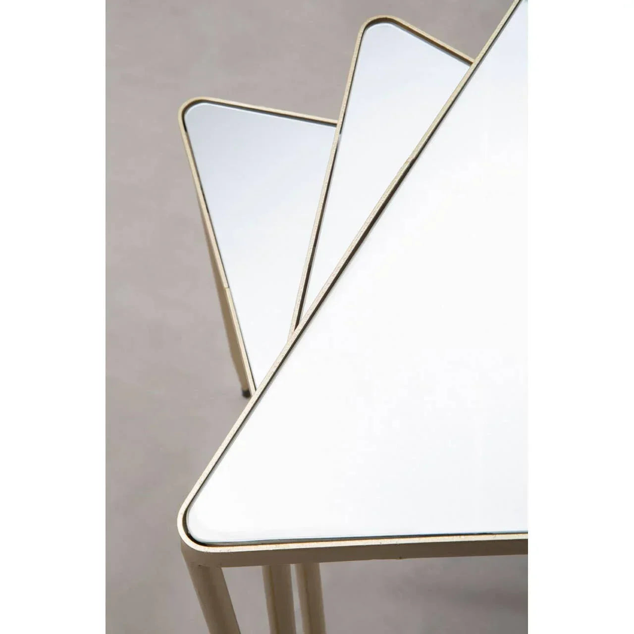 Set of three white glass nesting tables with gold metal frames, geometric triangular shape