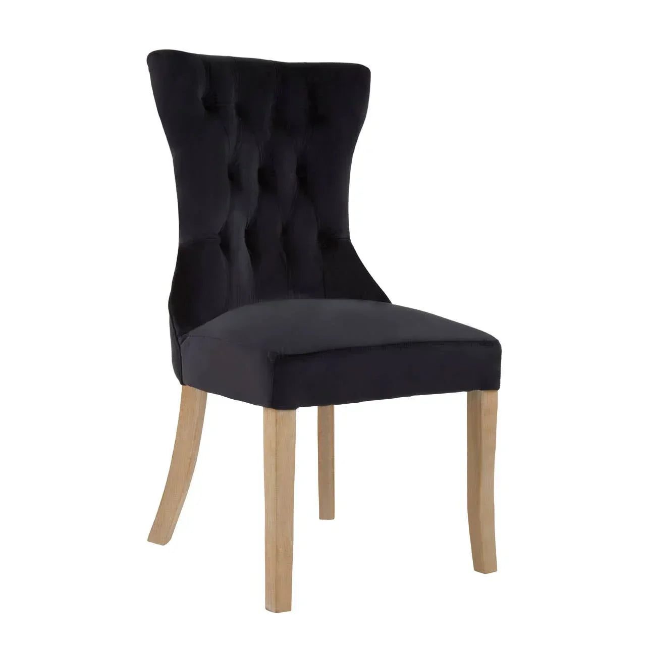 Black upholstered dining chair with buttoned backrest and light wooden legs