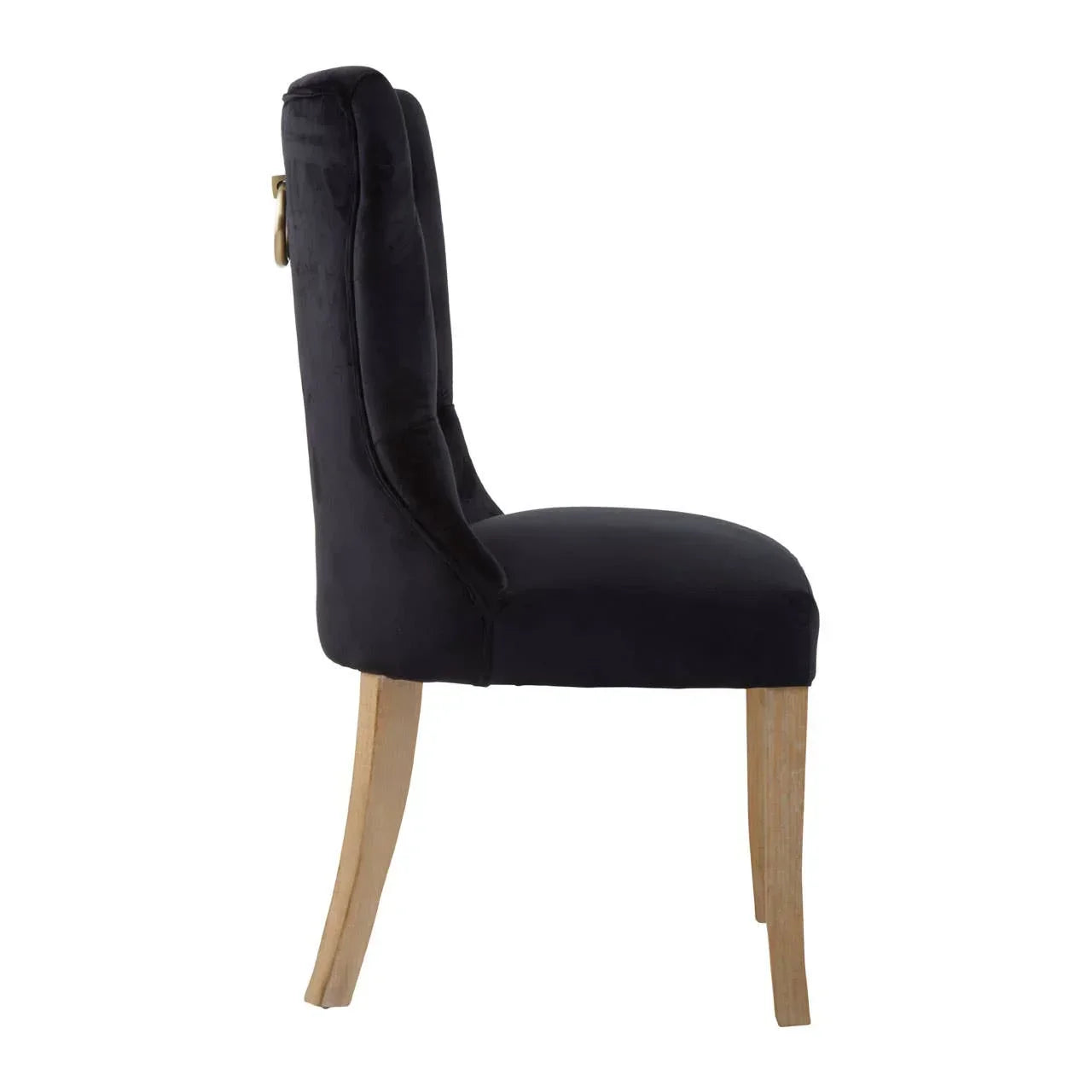 Black velvet dining chair with natural wooden legs, side view