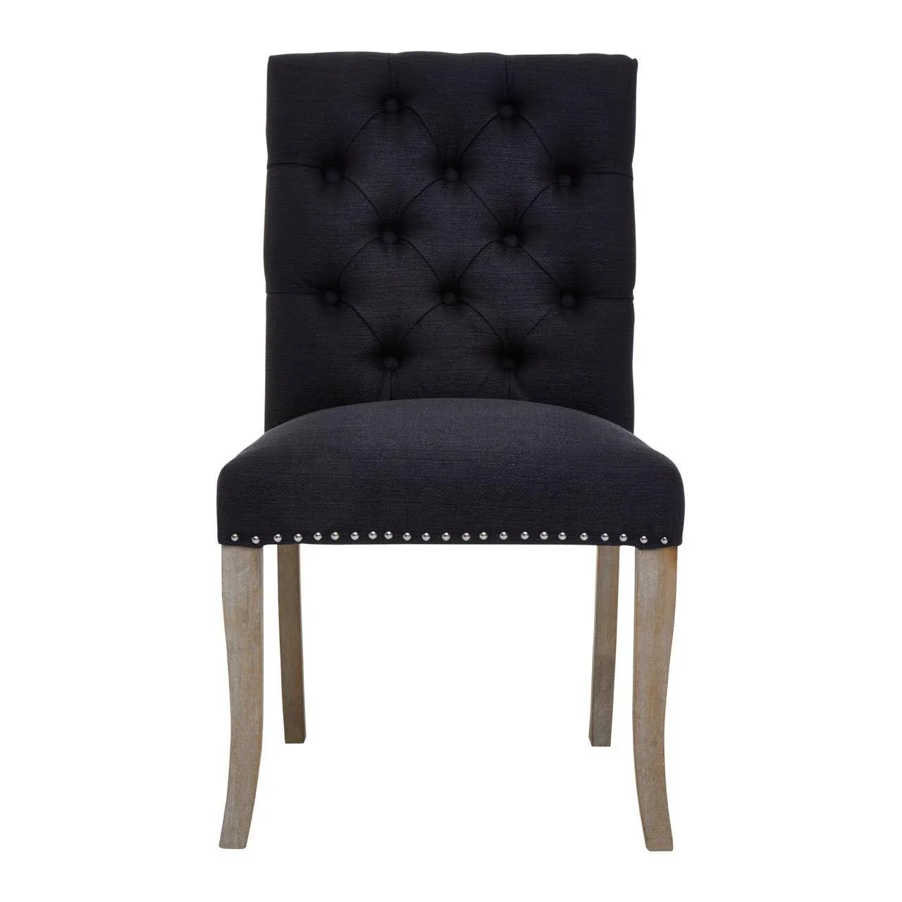 Black upholstered dining chair with button-tufted back and studded trim, wooden legs