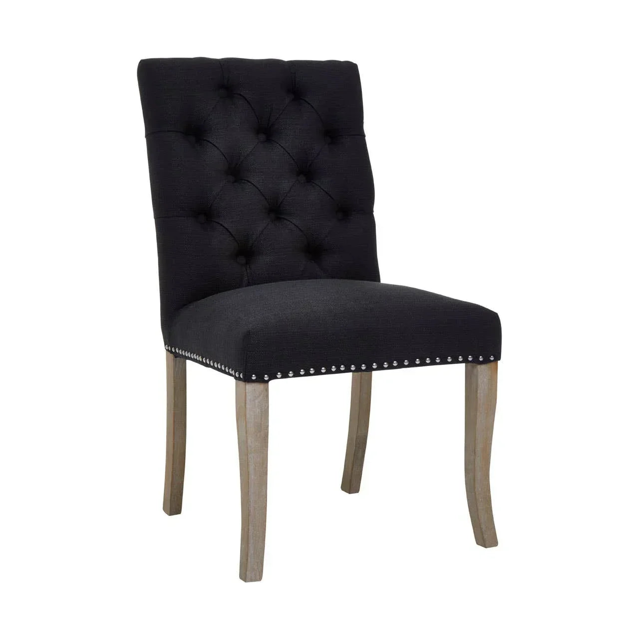 Black upholstered dining chair with button-tufted back and light wood legs