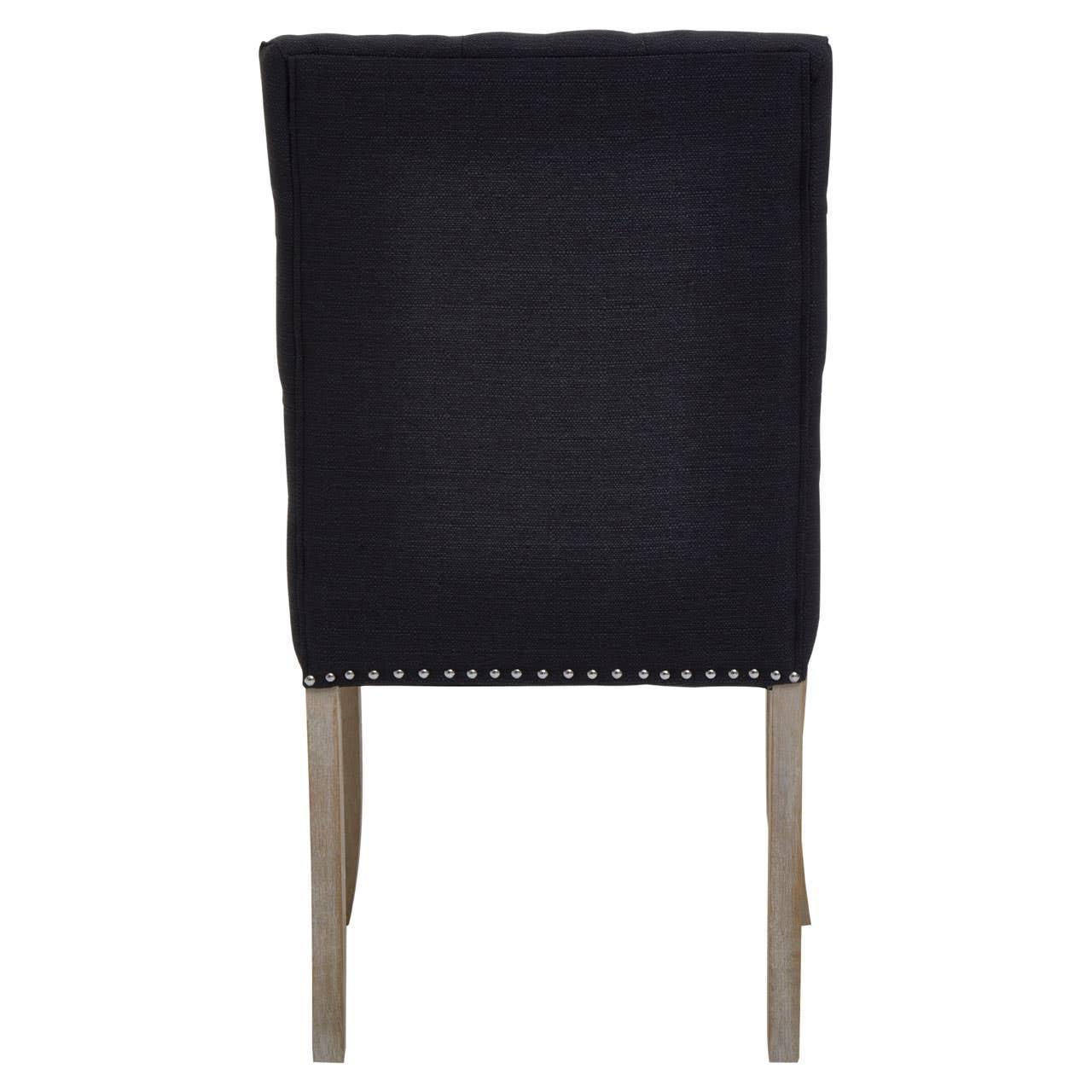 Back view of black upholstered dining chair with nailhead trim and wooden legs