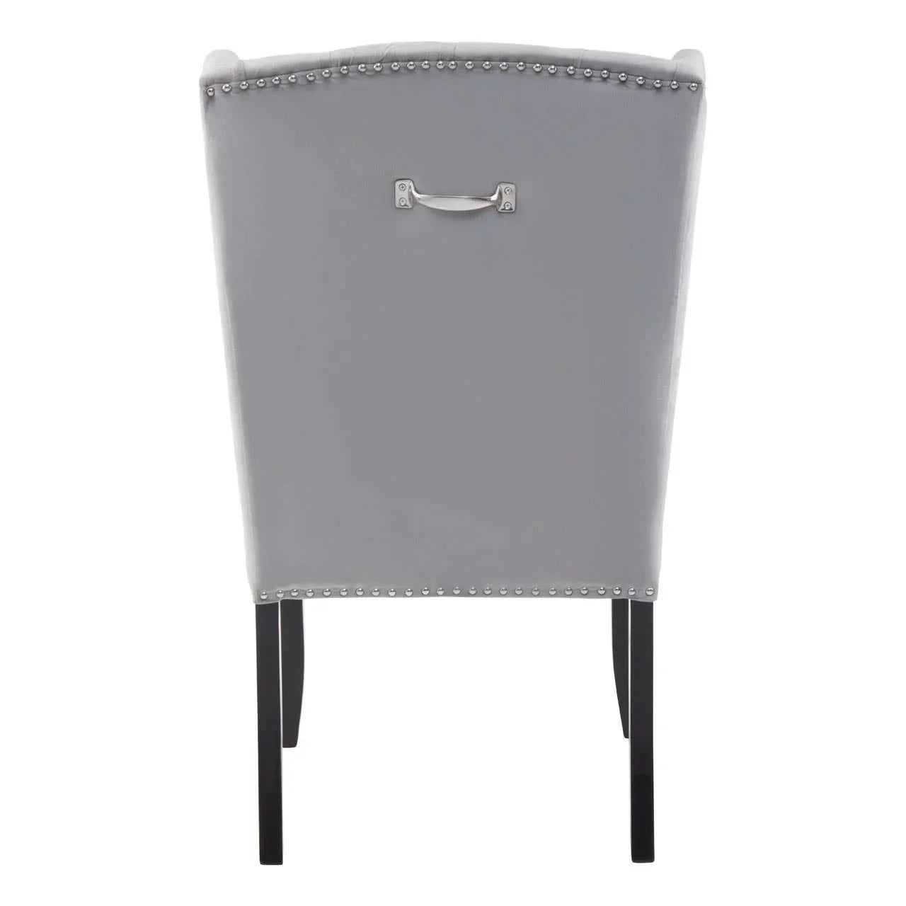 Grey dining chair with silver stud trim and back handle, rear view