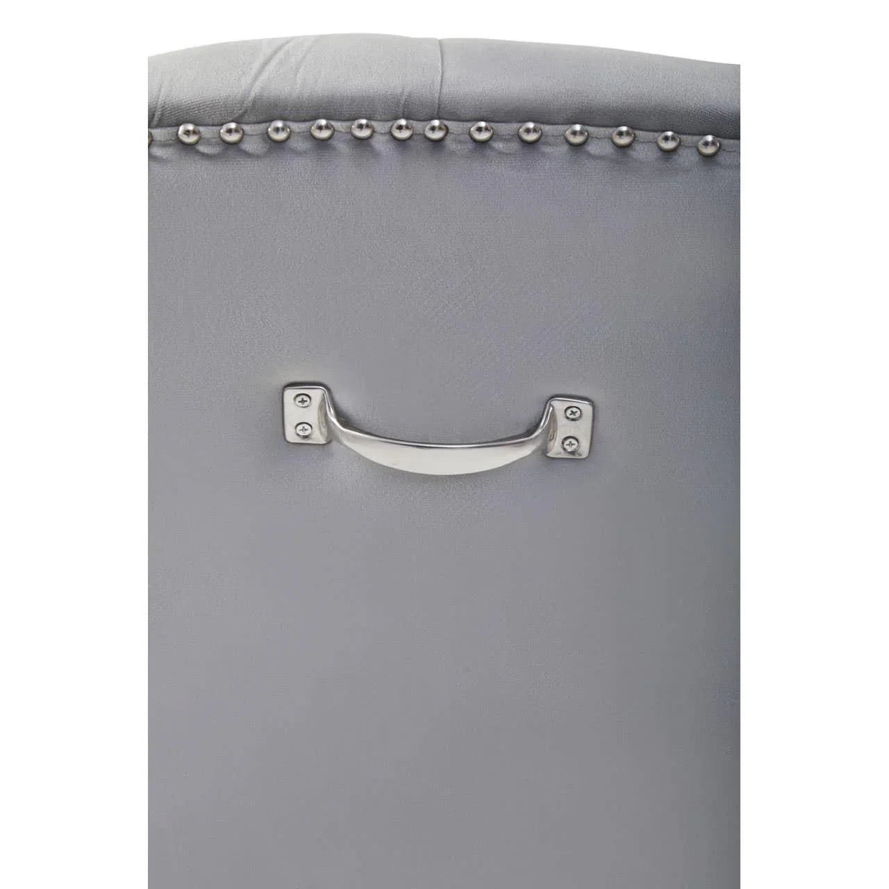 Grey dining chair back with metal handle and decorative stud detailing