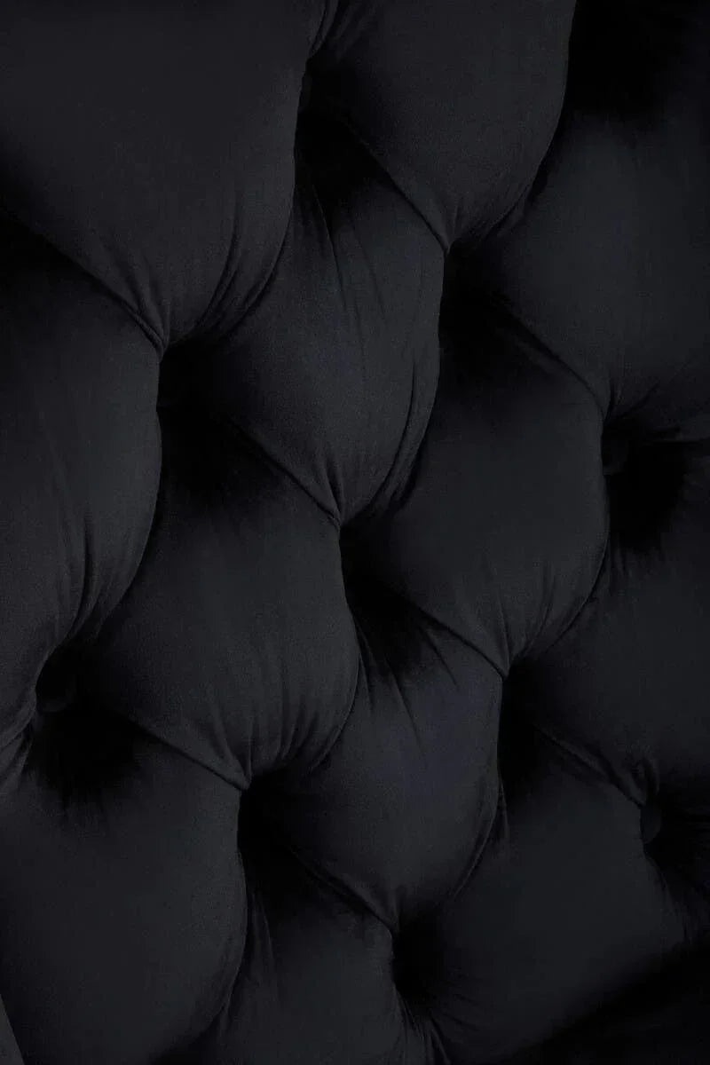 Close-up of black tufted sofa upholstery with deep button detail