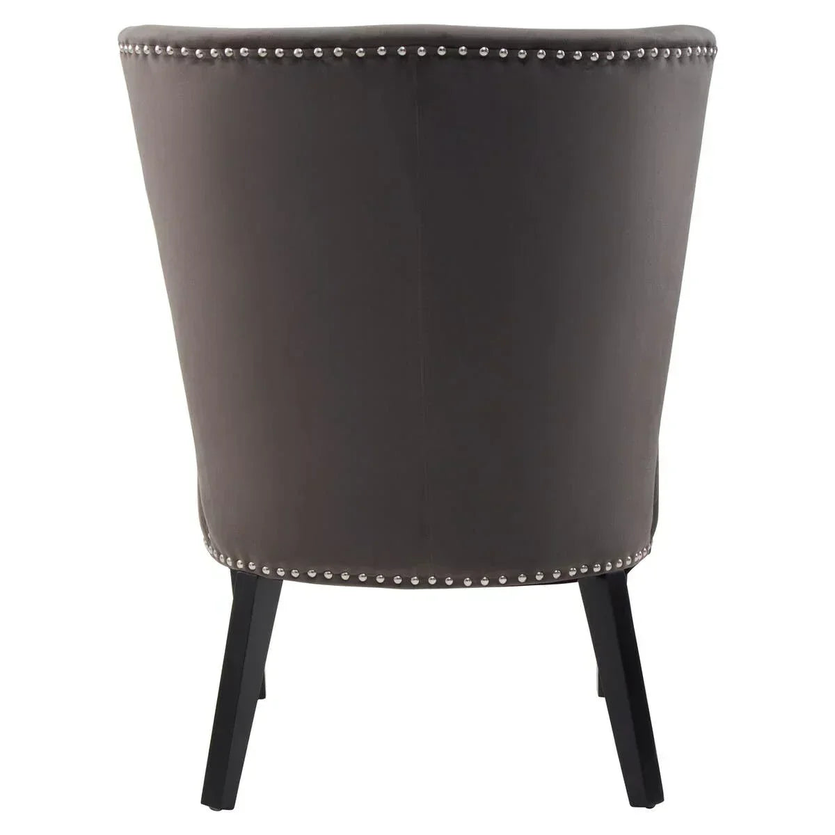 Grey accent chair rear view with silver studded trim and black wooden legs