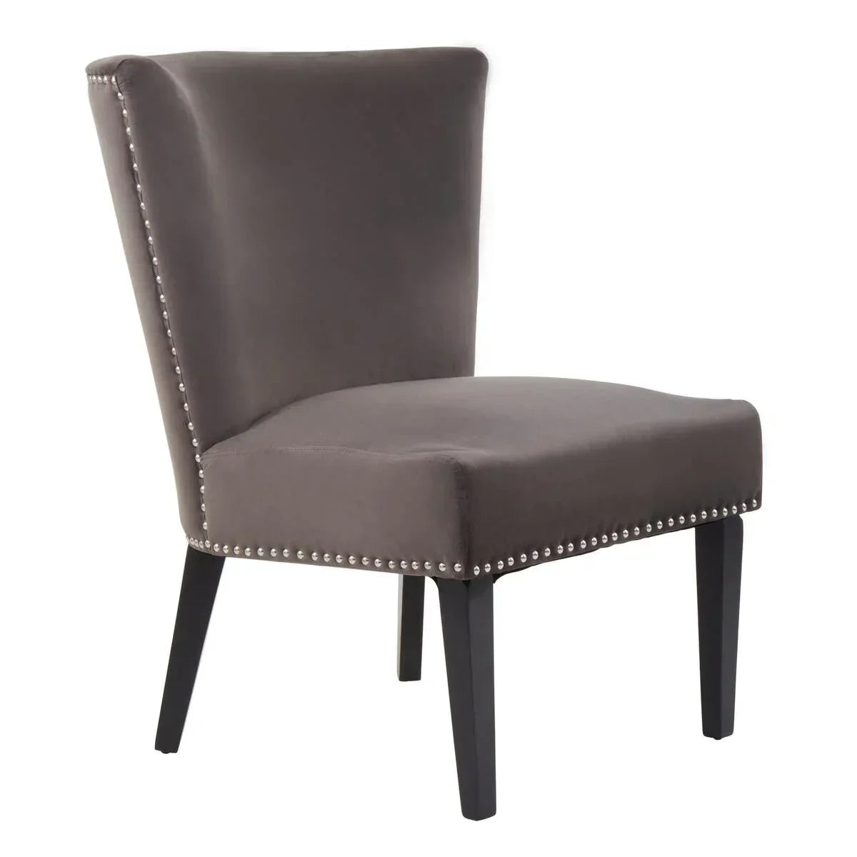 Grey velvet accent chair with studded trim and black wooden legs side view