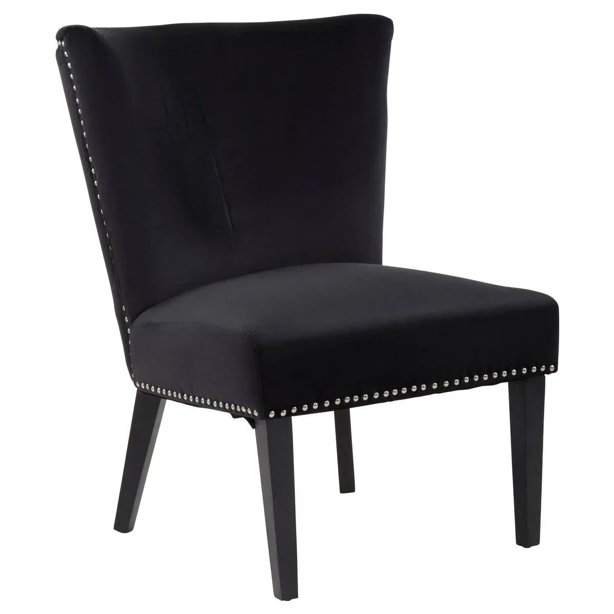Black accent chair with stud detailing and wooden legs, upholstered in velvet fabric