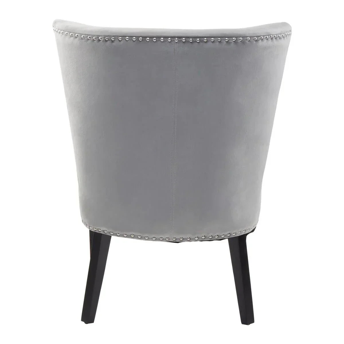 Back view of grey velvet accent chair with silver stud trim and black wooden legs
