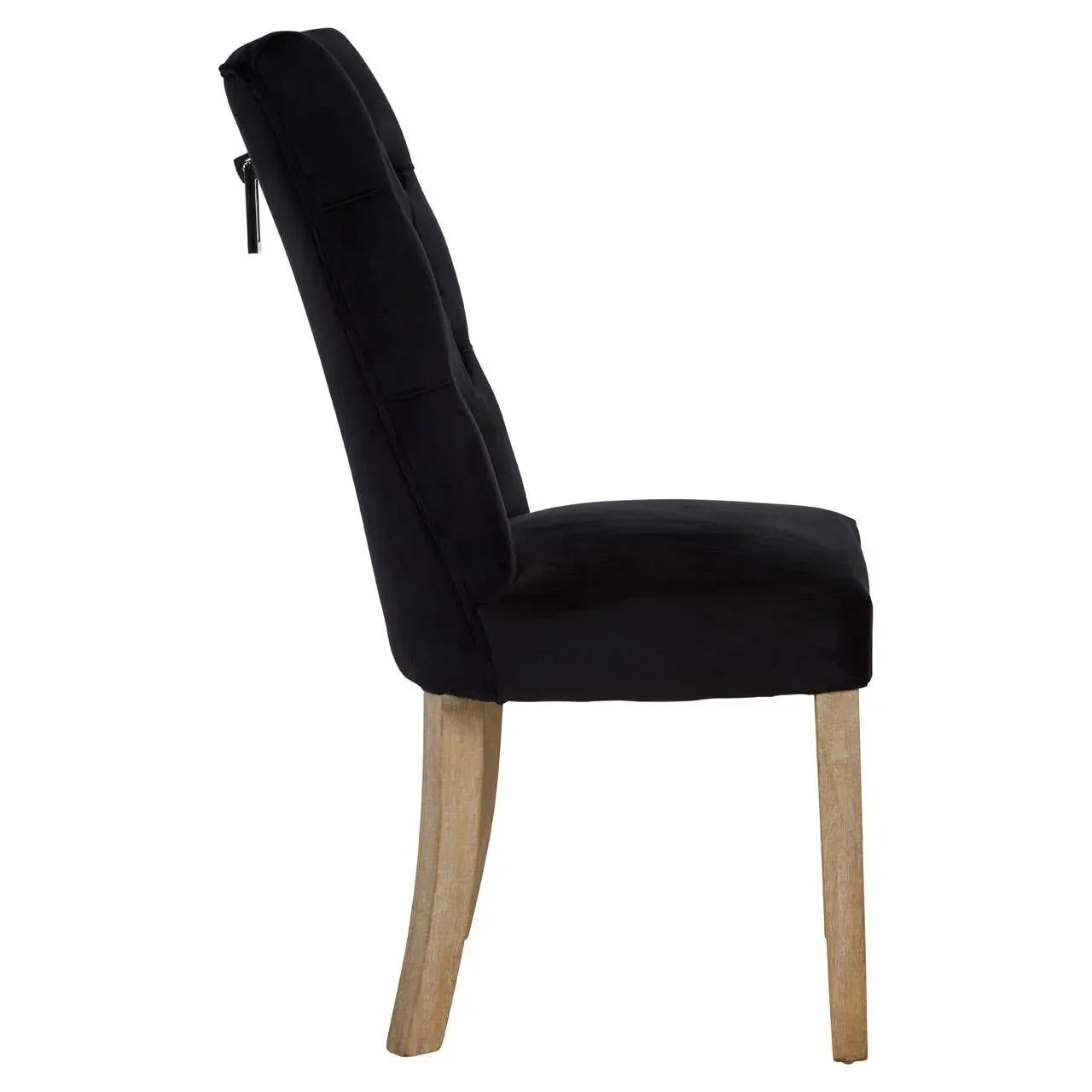 Black velvet dining chair with wooden legs, side profile view