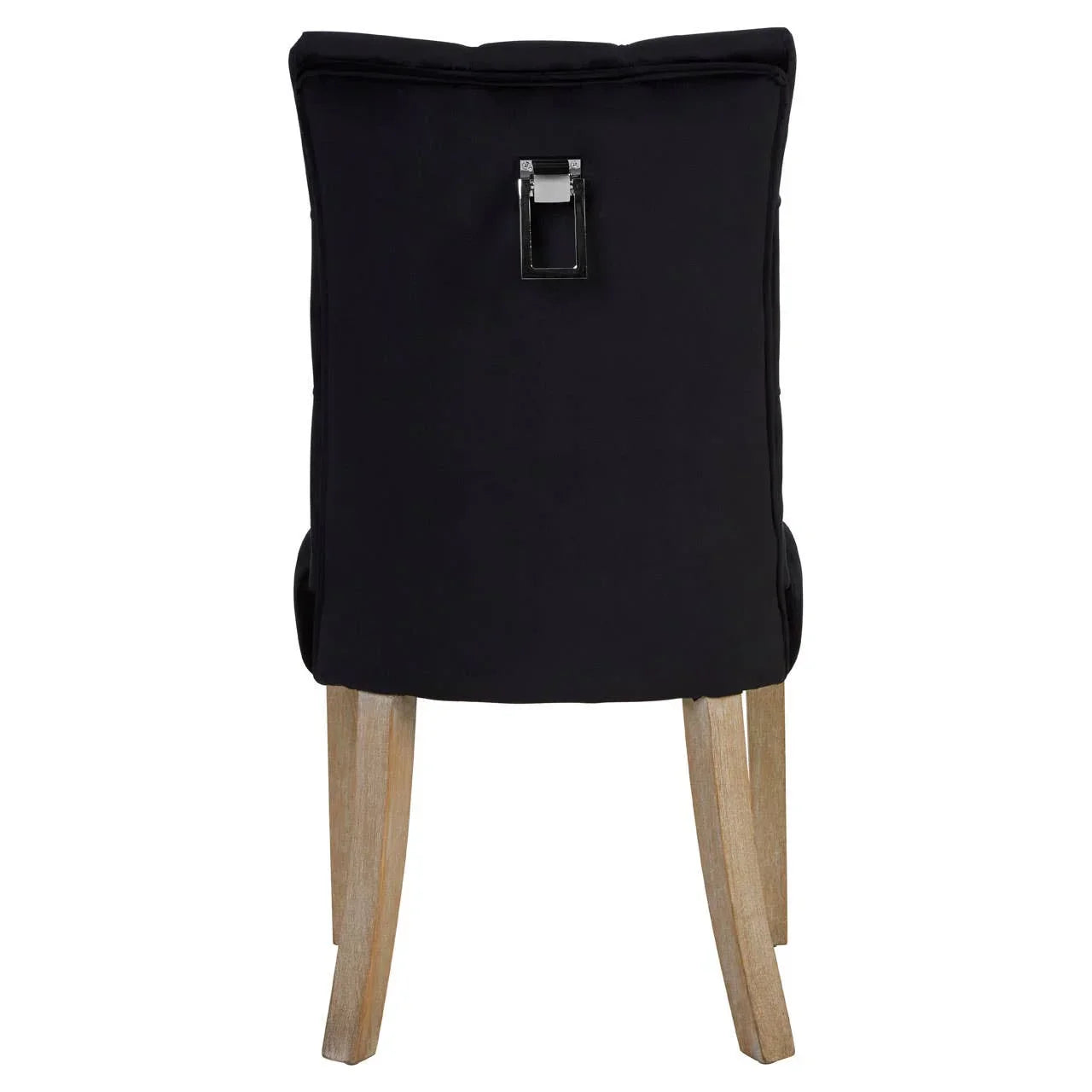 Black dining chair rear view with chrome knocker handle and light wooden legs