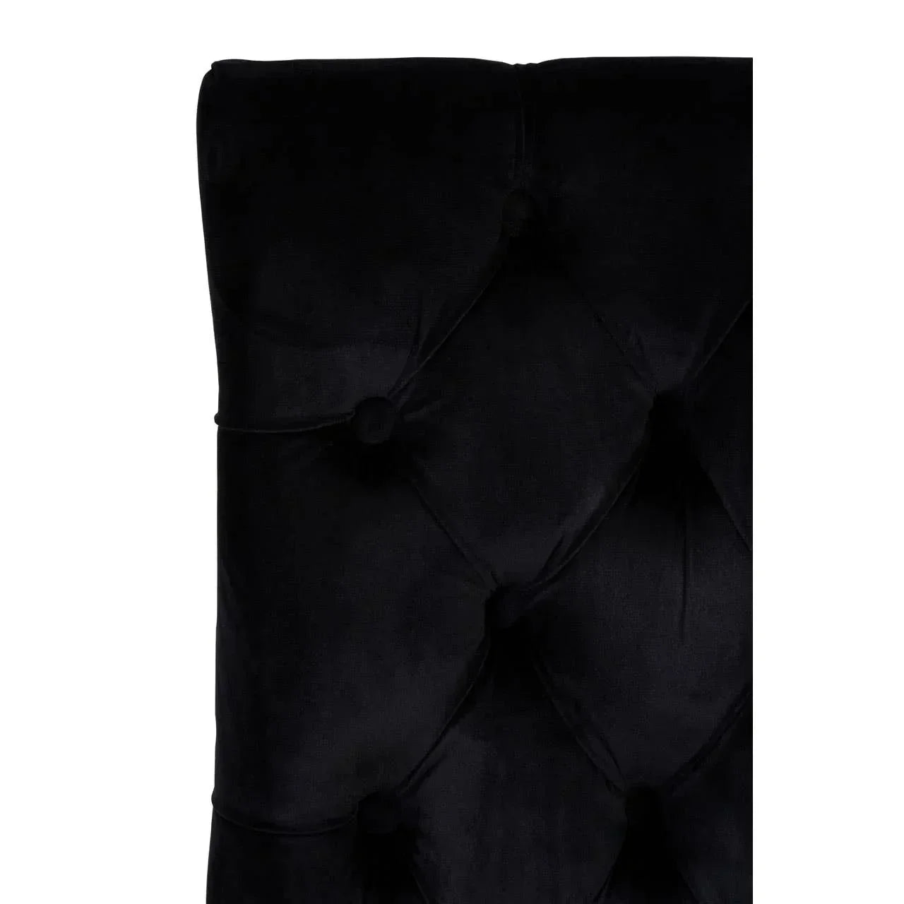 Black velvet dining chair with deep button tufted backrest, close-up detail view