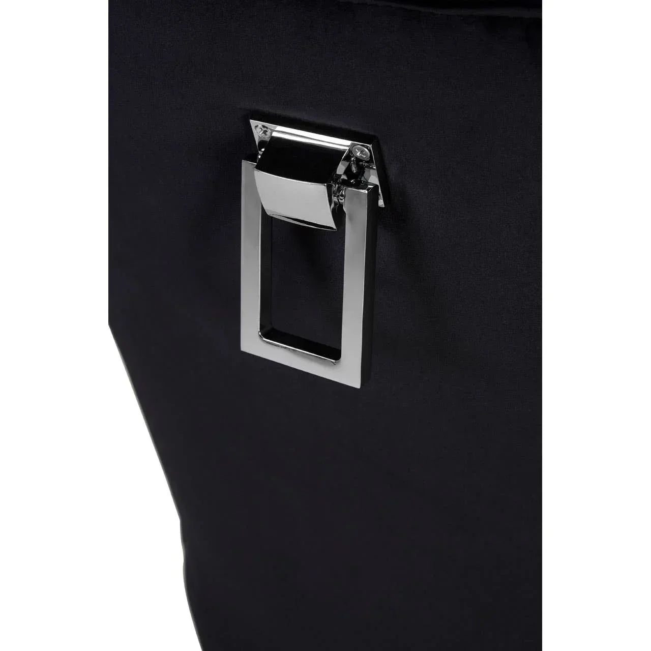 Chrome handle on black fabric ottoman storage bench closeup
