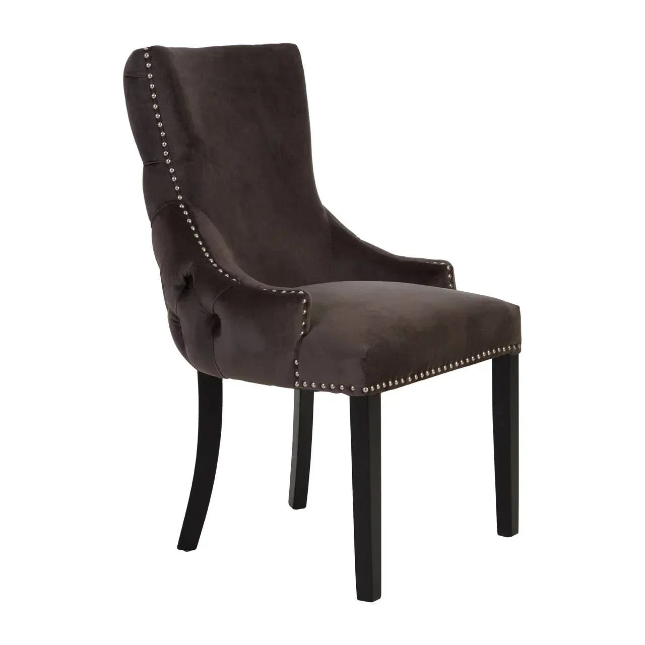 Brown upholstered dining chair with nailhead trim and black wooden legs