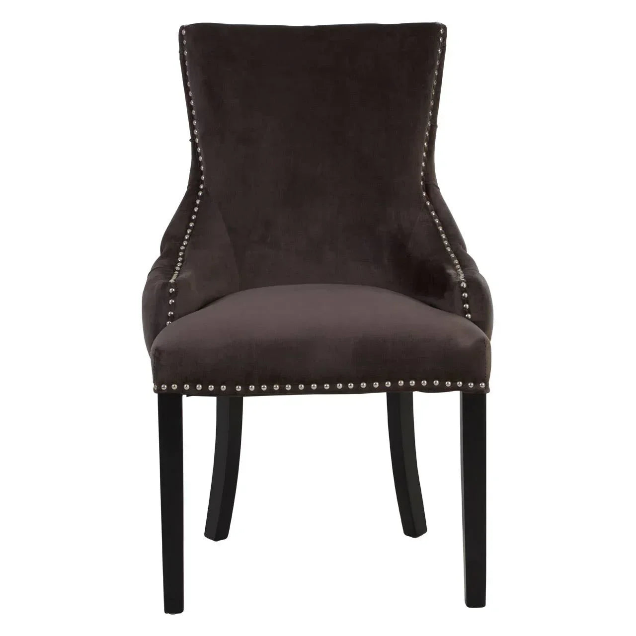 Dark fabric dining chair with black legs and silver studded trim, front view