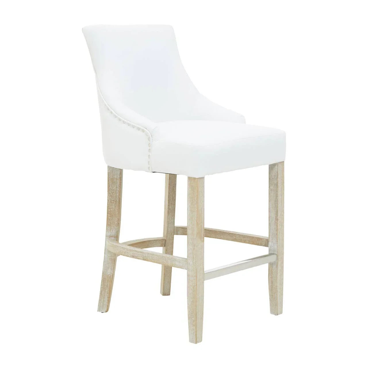 White upholstered bar stool with wooden legs and silver nailhead trim, angled side view