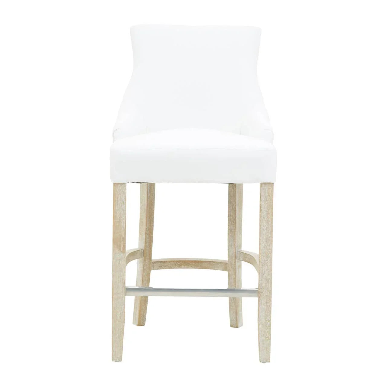 White upholstered bar stool with light wood legs and metal footrest, front view