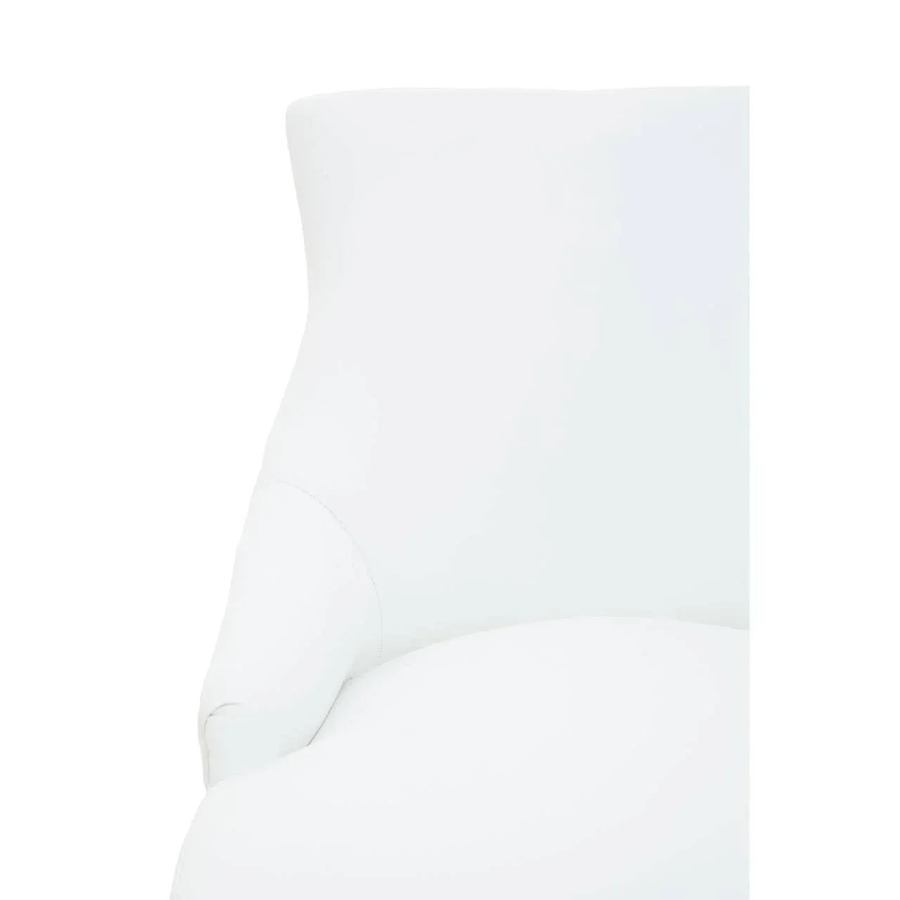 Close up of white upholstered chair backrest and curved armrest