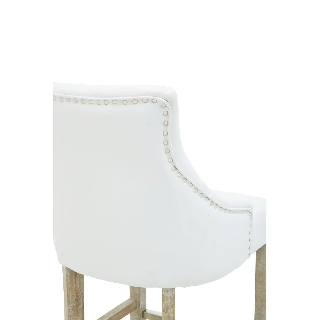 White bar stool with studded backrest and wooden legs, rear view