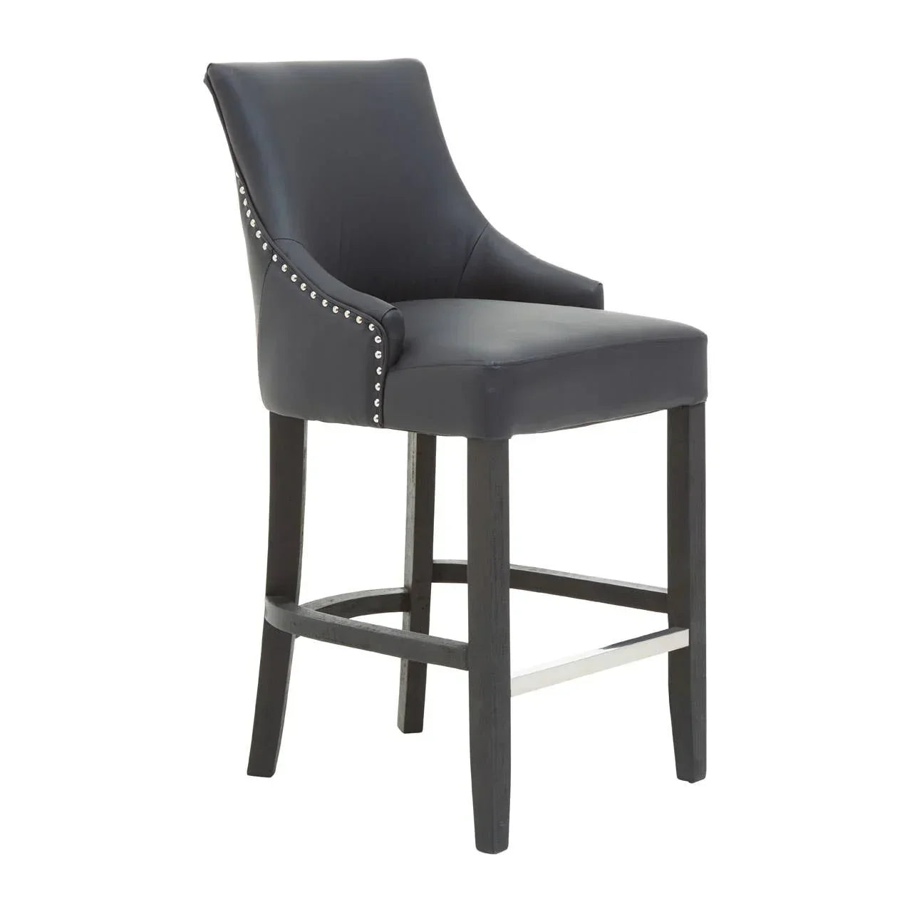 Black leather bar stool with silver stud trim and dark wooden legs, angled side view