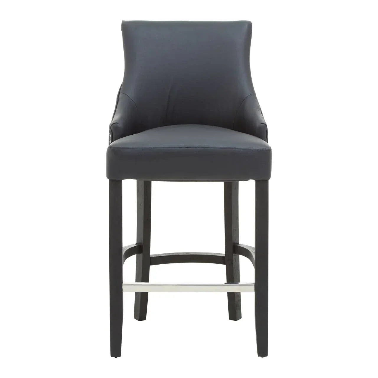 Black faux leather bar stool with curved backrest and dark wood legs, front view