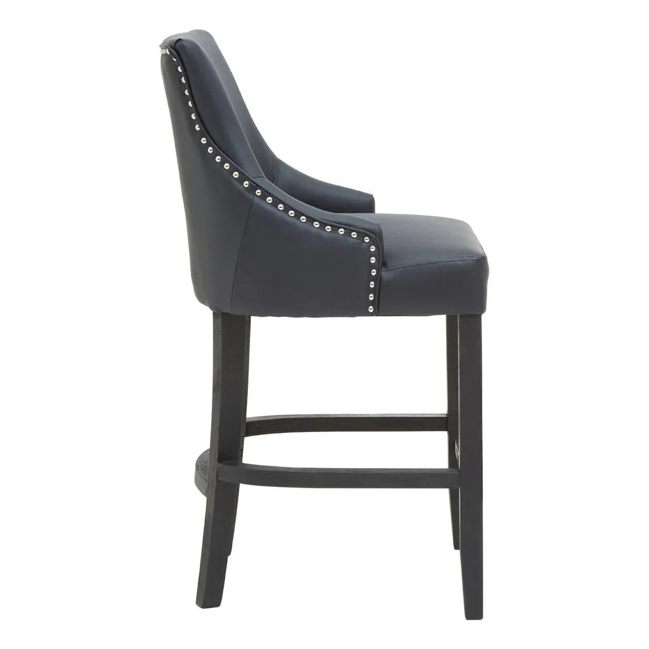 Dark grey upholstered bar stool with stud detailing and black wooden legs, side view
