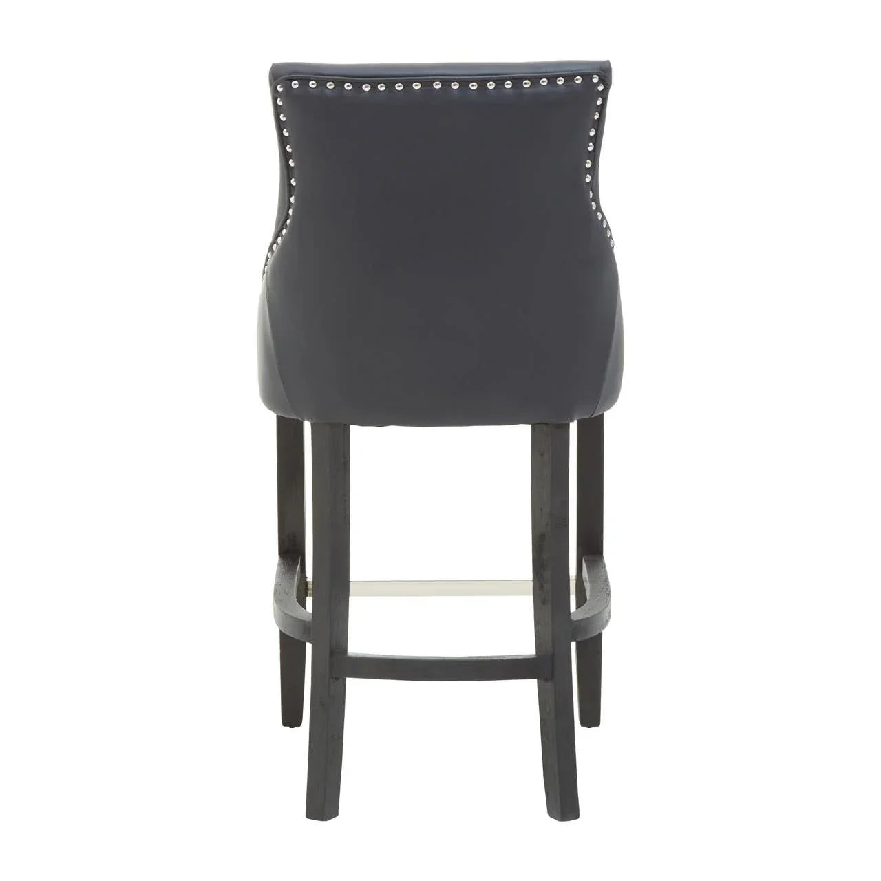 Back view of dark grey bar stool with studded trim and black wooden legs