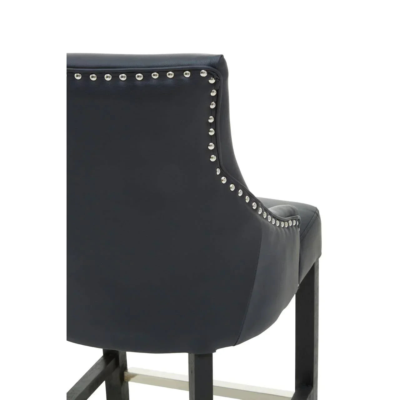 Navy leather bar stool with silver stud detailing and black wooden legs, rear angle view
