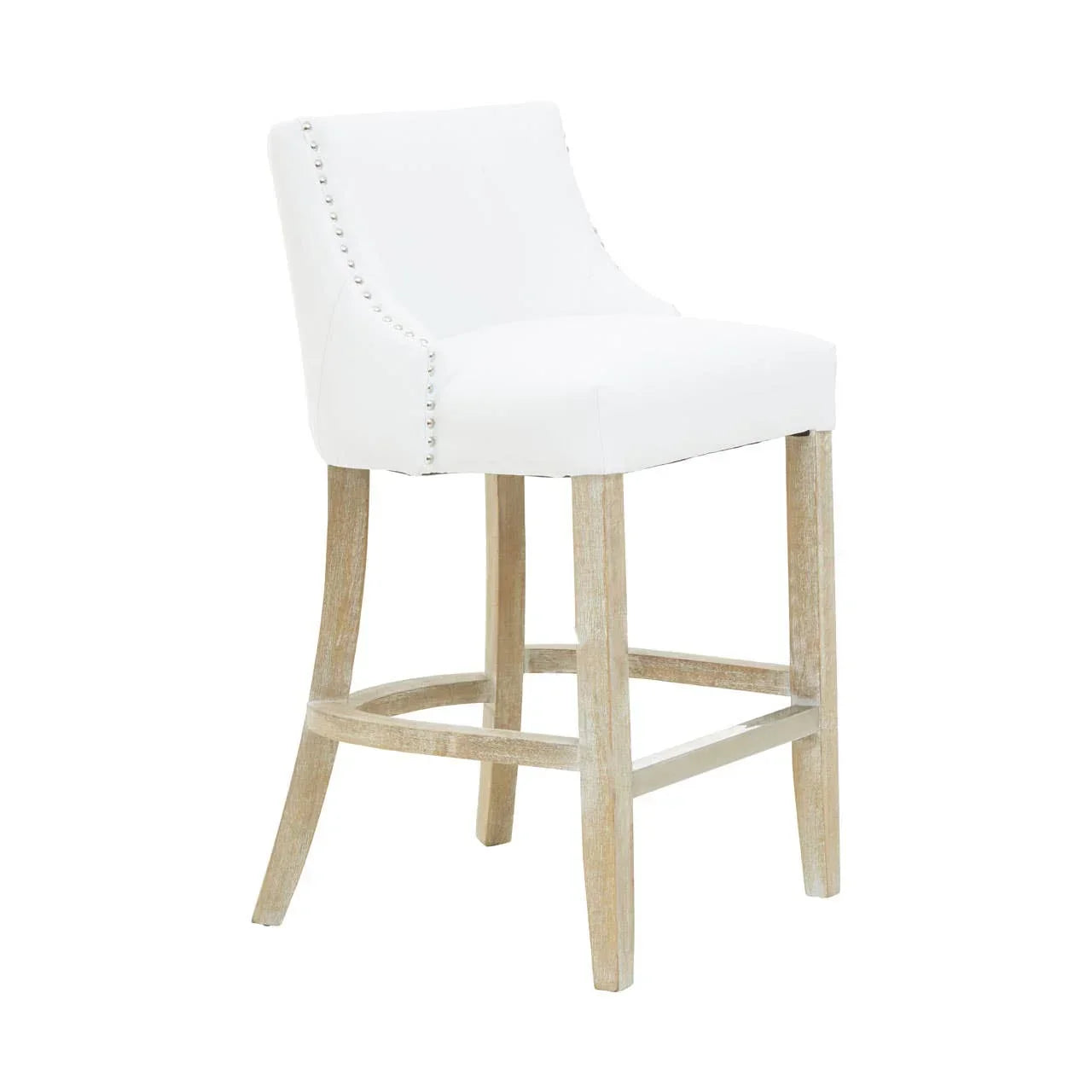 White upholstered bar stool with nailhead trim and light wood legs, front angle view