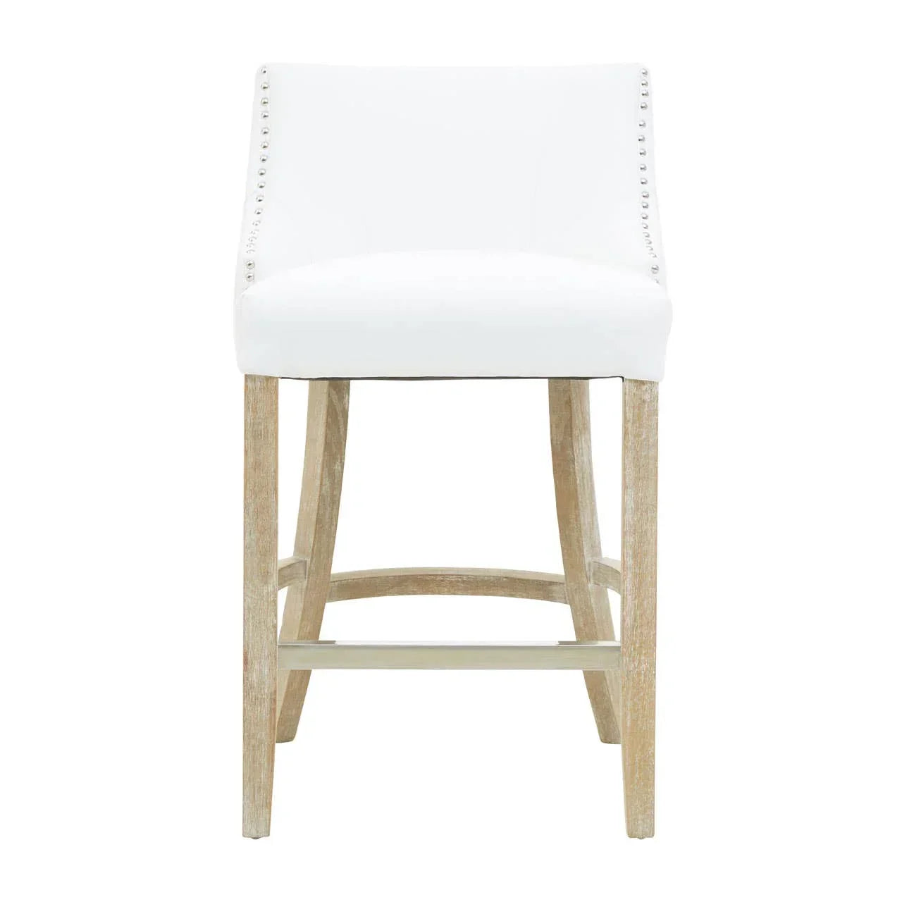 White upholstered bar stool with silver stud detailing and light wooden legs, front view