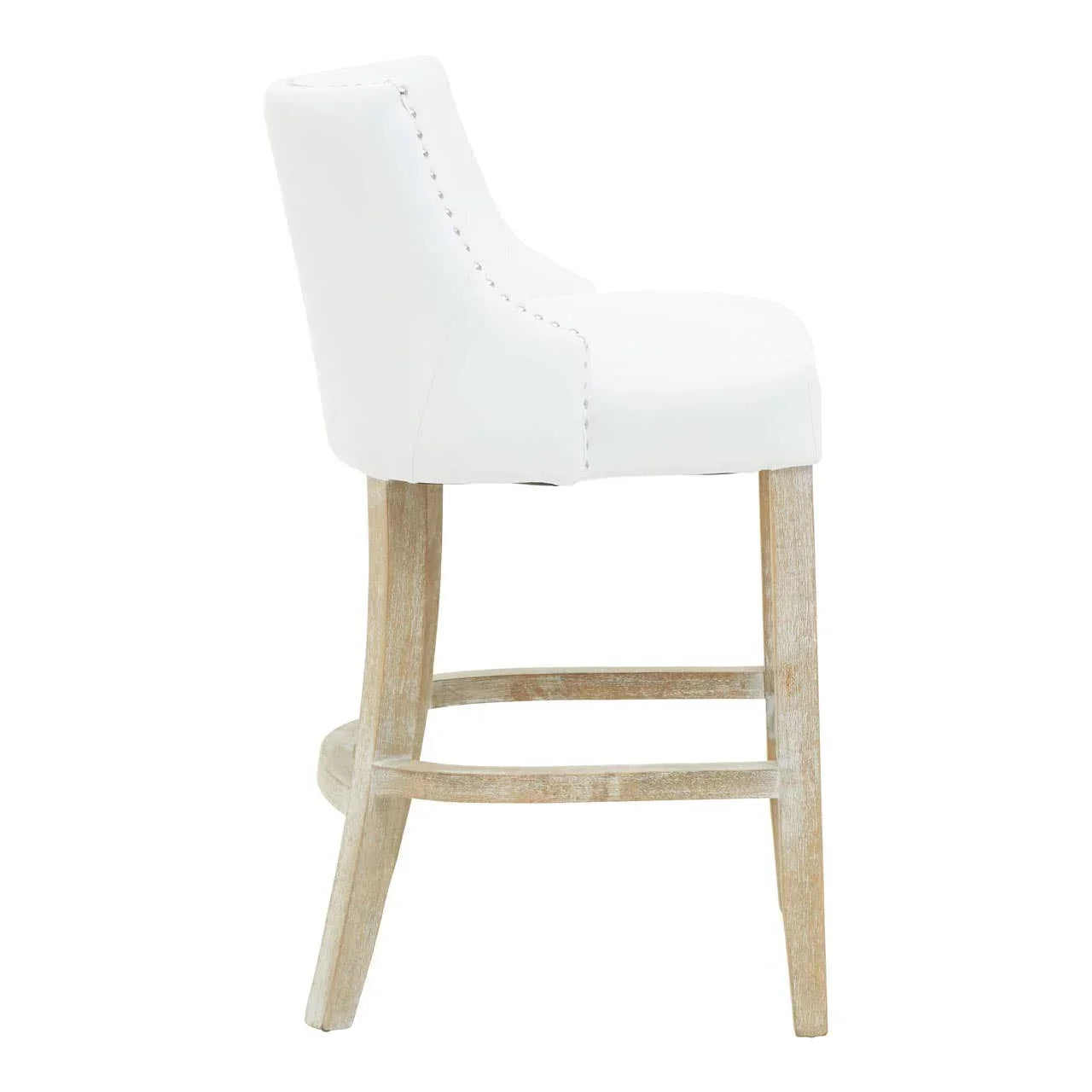 White upholstered bar stool with wooden legs and side profile view